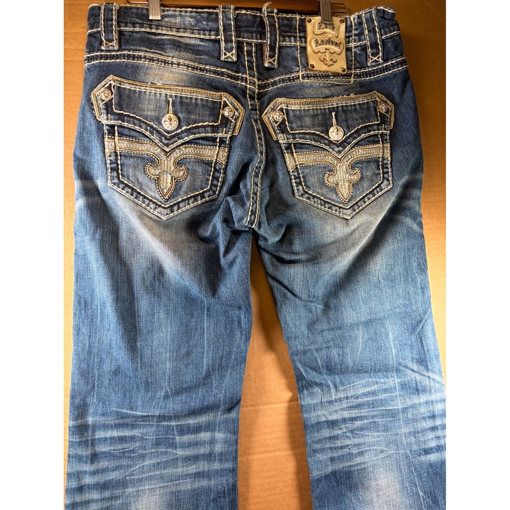 Rock Revival Dan Boot Mens Size 34 Blue Jeans Bootcut Heavy Stitch Fleur-De-Lis